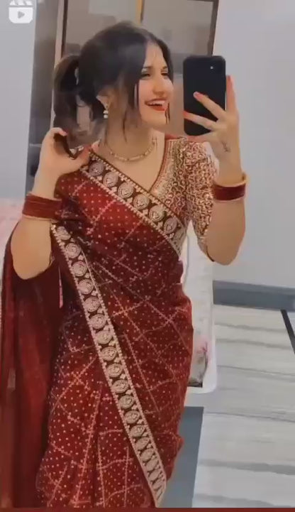 Karwa Chauth Special Maroon Saree With Stitched Blouse