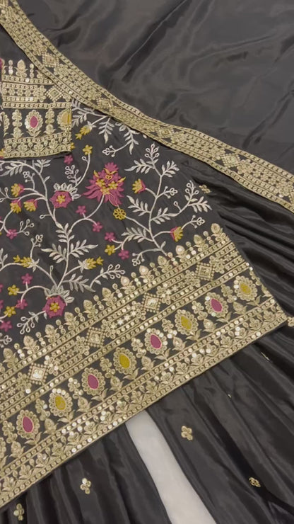 Black Embroidered Kurta Sharara Set with Gold Zari Work