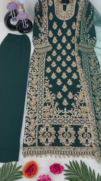 Regal Teal Blue Suit Set with Heavy Gold Zari Embroidery