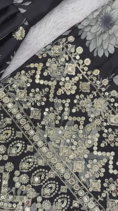 Chic Black Floral Printed Sharara Set with Gold Embroidered