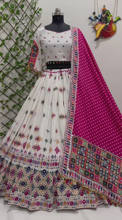 White And Rani Pink Combination Digital Print Navratri Lehenga