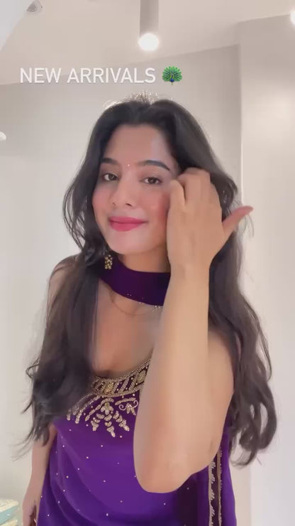 Party Wear Purple Sleeveless Palazzo Suit