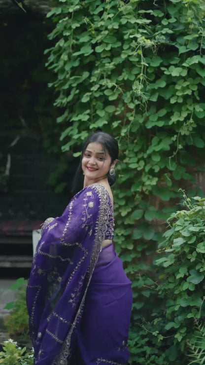 Beautiful Purple Organza Saree with Sequence Embroidery