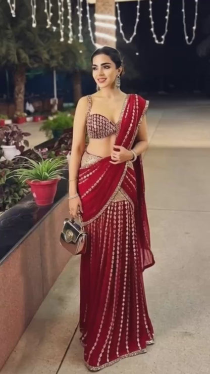 Ready to Wear Faux Georgette Mirror Work Saree with Unstitched Blouse