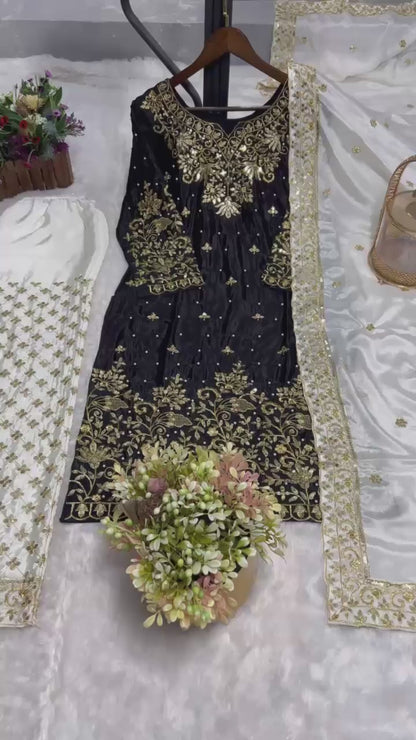Elegent Chinon Silk Suit Set With Heavy Embroidery Work