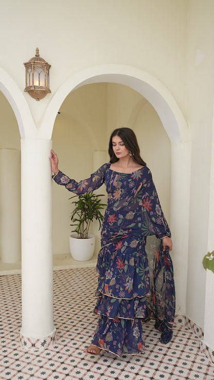 Blue Georgette Floral Digital Printed Ready to Wear Saree