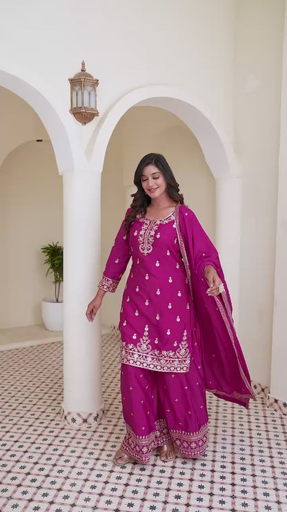 Chinon Silk Embroidery Sequence Work Rani Pink Plazzo Suit