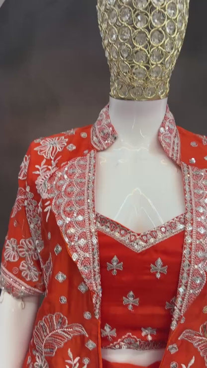 Orange Silk Lehenga Choli Set with Embroidered Blouse And Koti