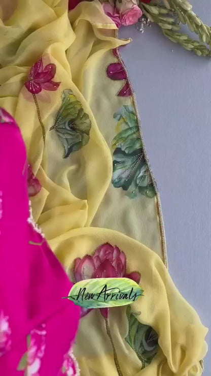 Soft Organza Flower Print Yellow Party Wear Saree
