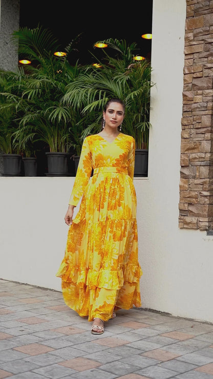 Lotus  6 Meter Flared Yellow Georgette Maxi Gown