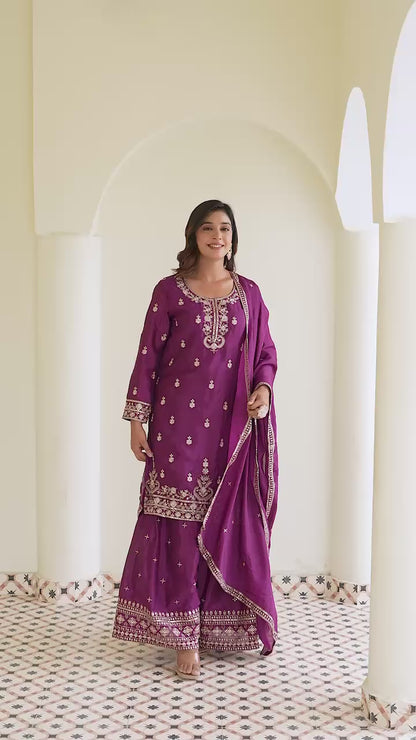 Delightful Wine Color Chinon Silk Palazzo Suit