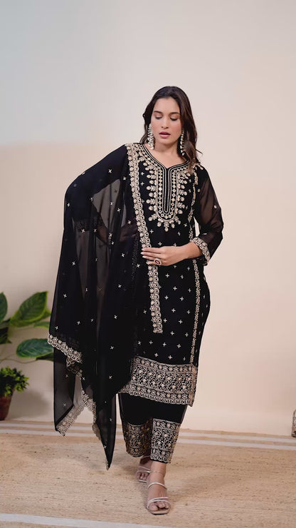Designer Embroidery Sequence Work Black Top Pant With Dupatta Set