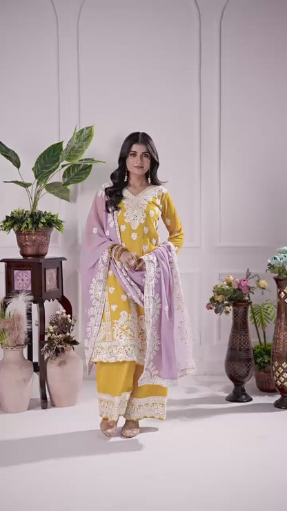 Heavy Faux Georgette Embroidered Suit with Palazzo & Dupatta