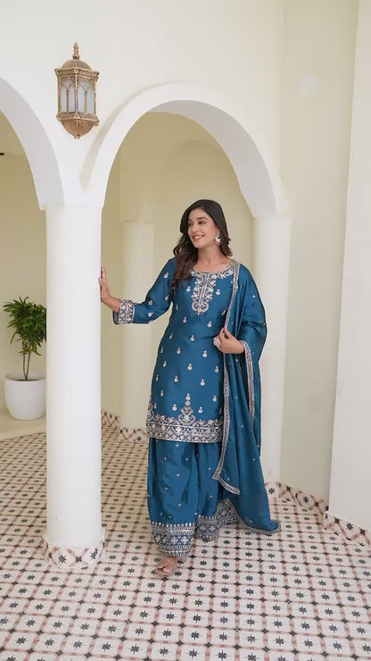 Chinon Silk With  Embroidery Sequence Work  Blue  Suit Set