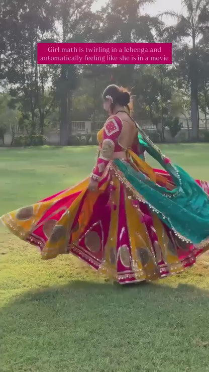 Pink And Yellow Combination Navratri Lehenga With Blue Dupatta