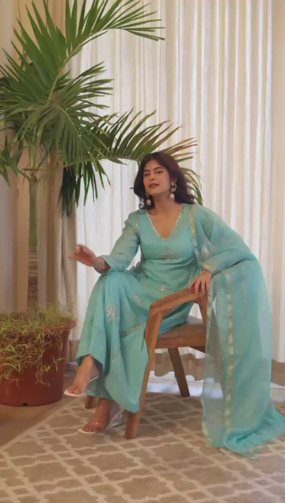 Premium Turquoise Mul Chanderi Kurti Pant Dupatta Set