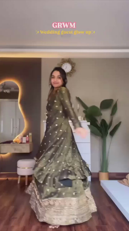 Olive Green Velvet Kediya Style lehenga Choli