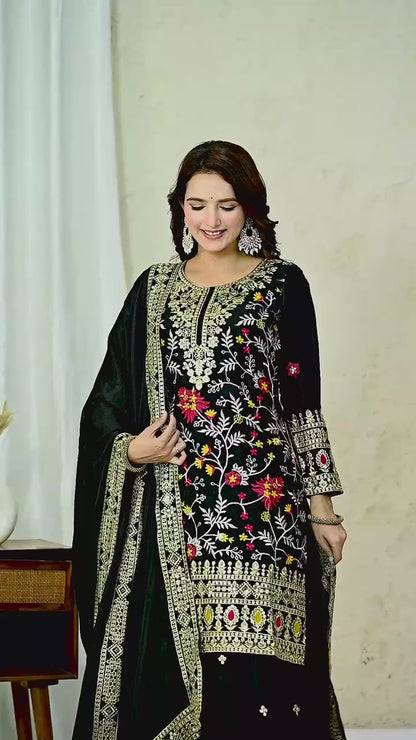 Black Embroidered Kurta Sharara Set with Gold Zari Work