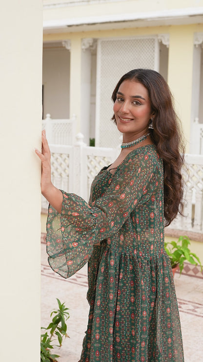 Mehndi Wear Digital Printed Green Indo Western Dress