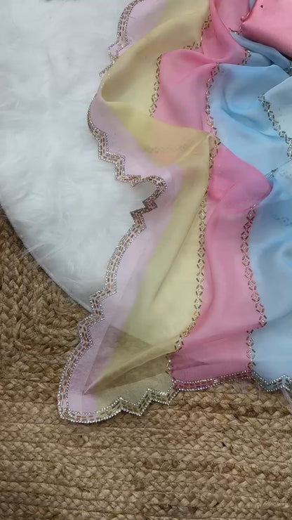 Multi colour Digital Printed Tabby Silk Saree with Diamond Work