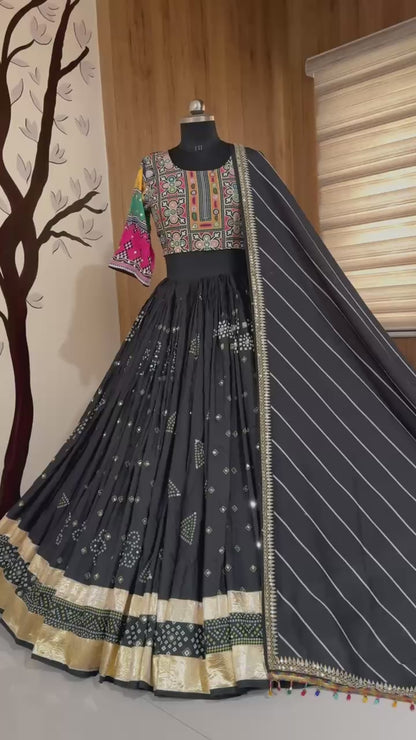 Navratri Special Muslin Cotton Fully Stitched Black Lehenga Choli