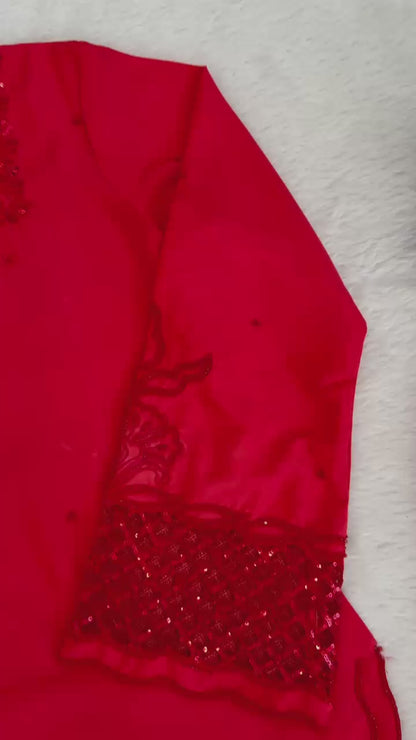Red Party Wear Kurti Palazzo Set with Embroidery And Stylish Dupatta