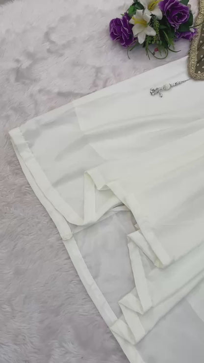 Ivory and Olive Green Chikankari Style Three-Piece Skirt Set with Embroidered Shrug