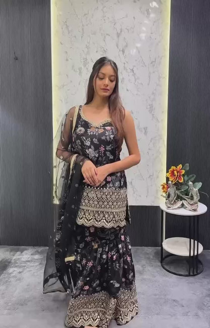Chic Black Floral Printed Sharara Set with Gold Embroidered