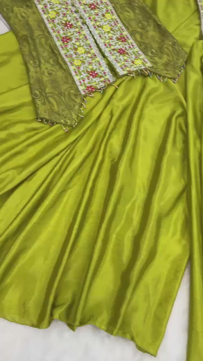 Olive Green Chinon Palazzo Set with Embroidered Top & Dupatta