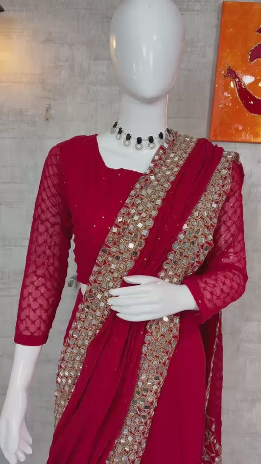 Designer Faux Georgette Heavy Embroidery Sequins Mirror Work Saree