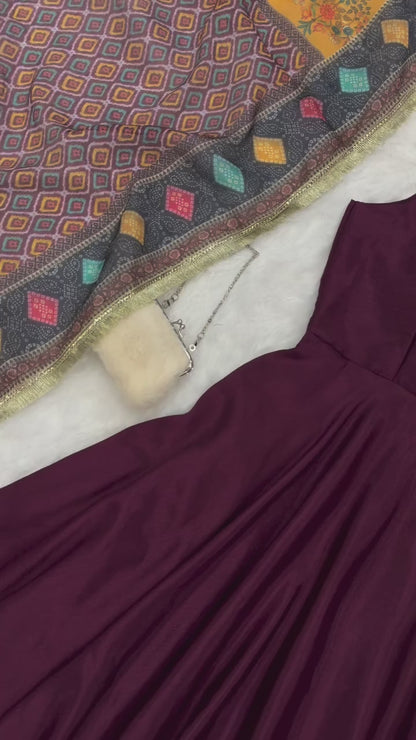 Wine Chinon Anarkali Suit Set With Printed Dupatta