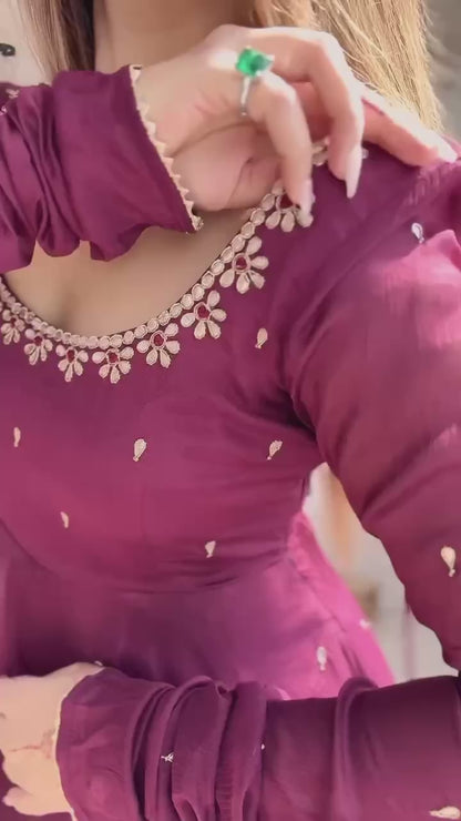 Fully Flaired Wine Georgette Anarkali Gown Set