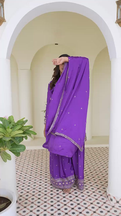 Beautiful Silk Embroidery Sequence Work Palazzo Suit