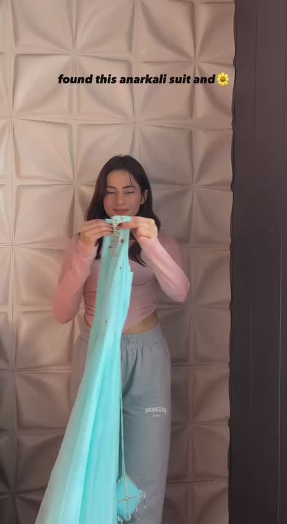 Sky Blue Plain Georgette Anarkali Kurti With Pant Dupatta Set