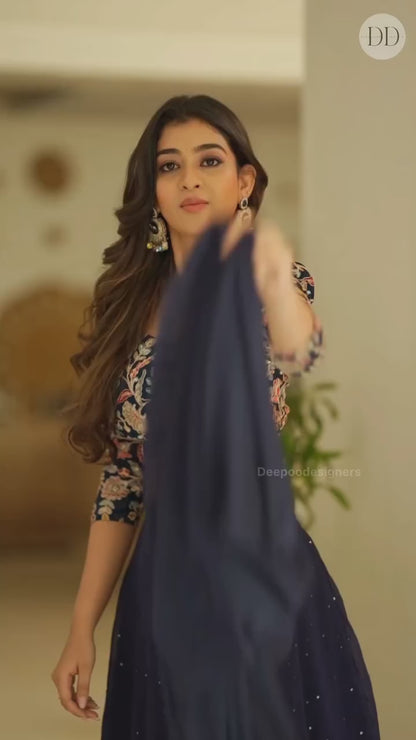 Designer Navy Blue Georgette Layered Lehenga with Embroidered Blouse