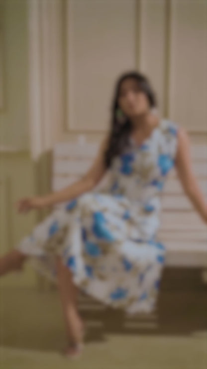 Soft Crepe Sky Blue and White Floral Print One Piece Dress