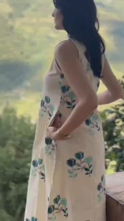 Beige Floral Print Cotton Sleeveless Kurta Set for Women