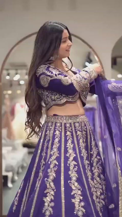 Velvet Look Purple Wedding Lehenga with Sequin and Zari Embroidery