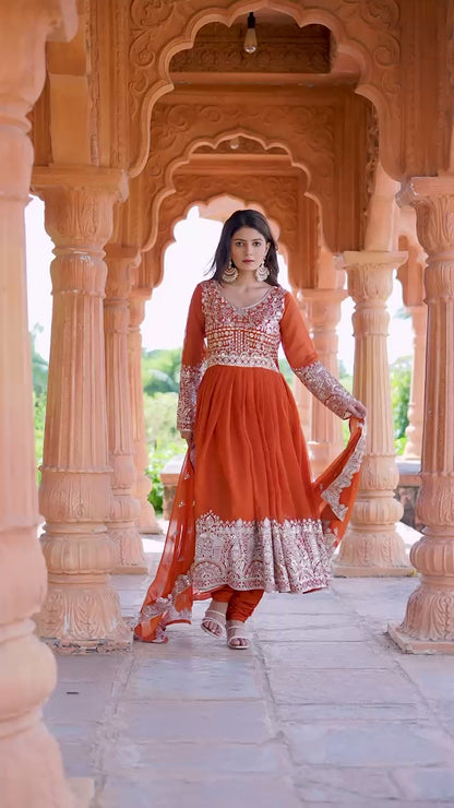 Party Wear Orange Georgette Anarkali Gown Suit Set