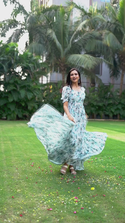 Sky Blue Georgette Floral Maxi Gown