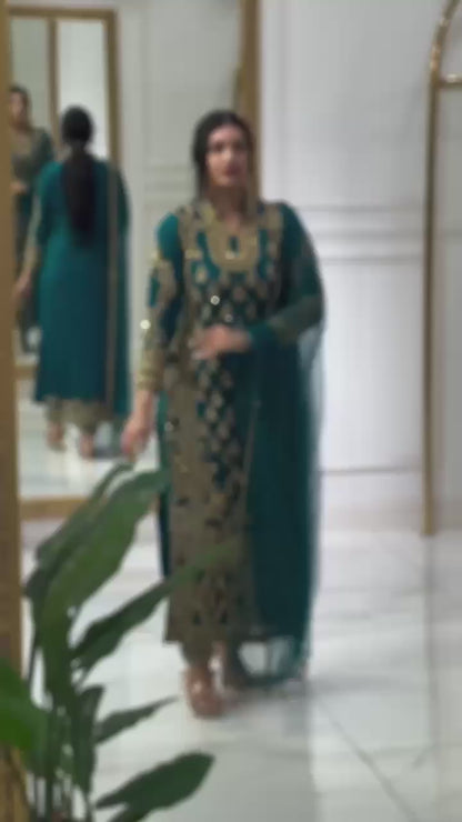 Regal Teal Blue Suit Set with Heavy Gold Zari Embroidery