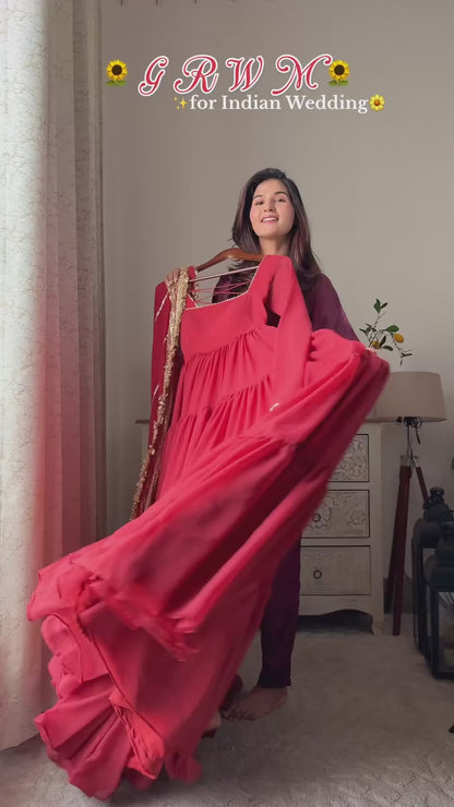 Red  Faux Georgette Ruffle Style Anarkali Gown