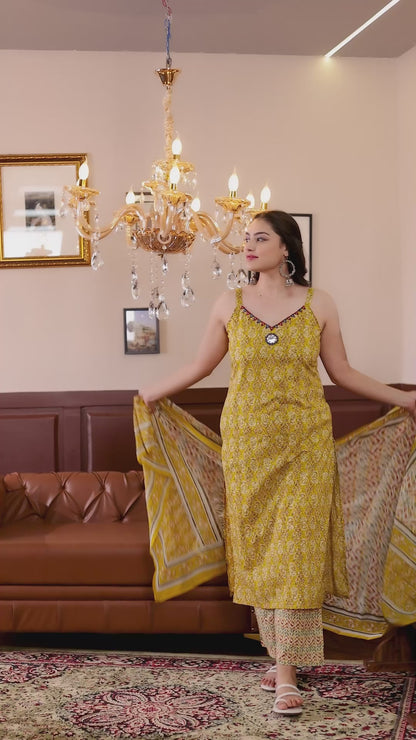 Stunning Yellow Sleeveless Handwork Mul Cotton Kurti Set