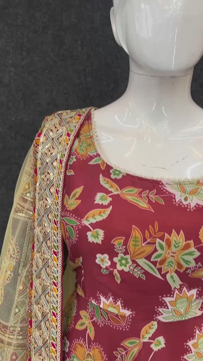 Heavy Chinon Silk Gown with Embroidery & Sequins Work