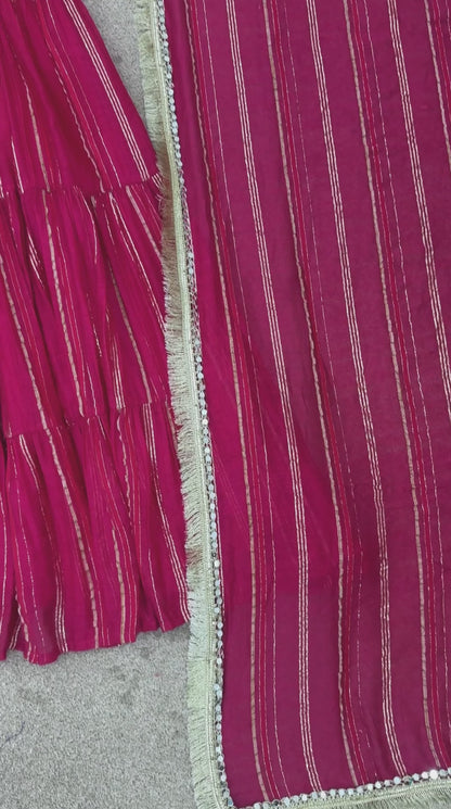 Designer Mal Chanderi Ruffle Gown with Dupatta & Pant