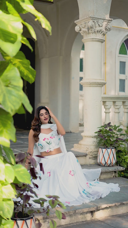 Modern Party Wear White Lehenga with Skirt and Ruffle Blouse