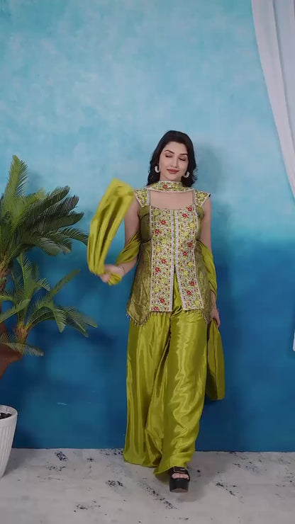 Olive Green Chinon Palazzo Set with Embroidered Top & Dupatta