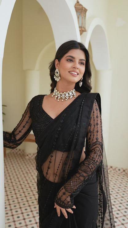 Sophisticated Black Sequined Net Saree