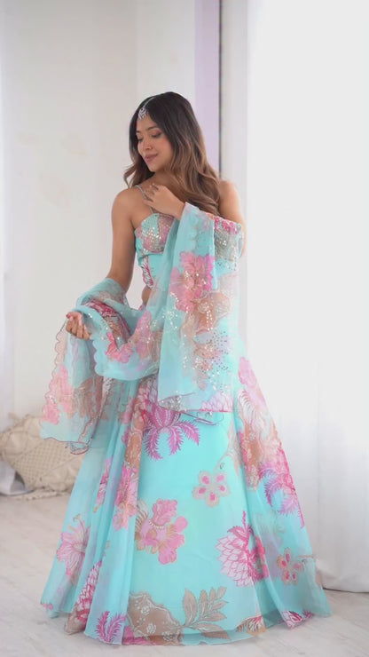 Pastel Blue Organza Lehenga Choli with Corset Blouse & Designer Batwa