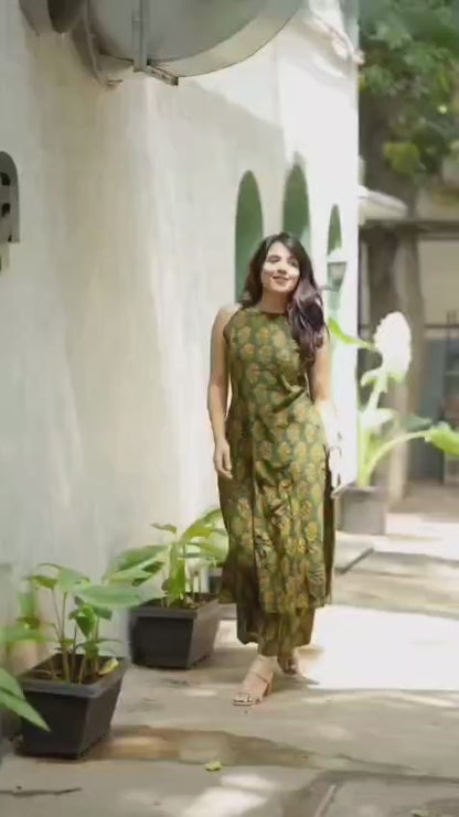 Green Handblock Floral Print Sleeveless Kurta with Palazzo